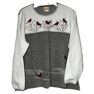 VTG 90s Artisans Fleece Sweatshirt L Crewneck Cardinal Cozy Winter Grandma Retro